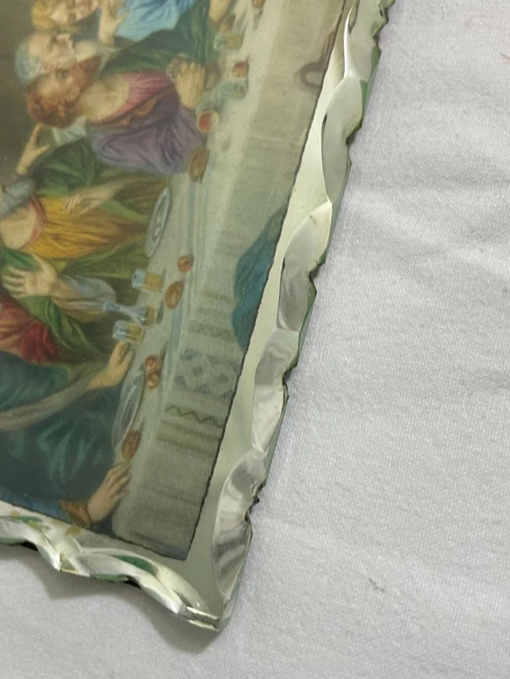 Vintage Last Supper Reverse Painted Glass Wall Plaque Scalloped Beveled Glass 10